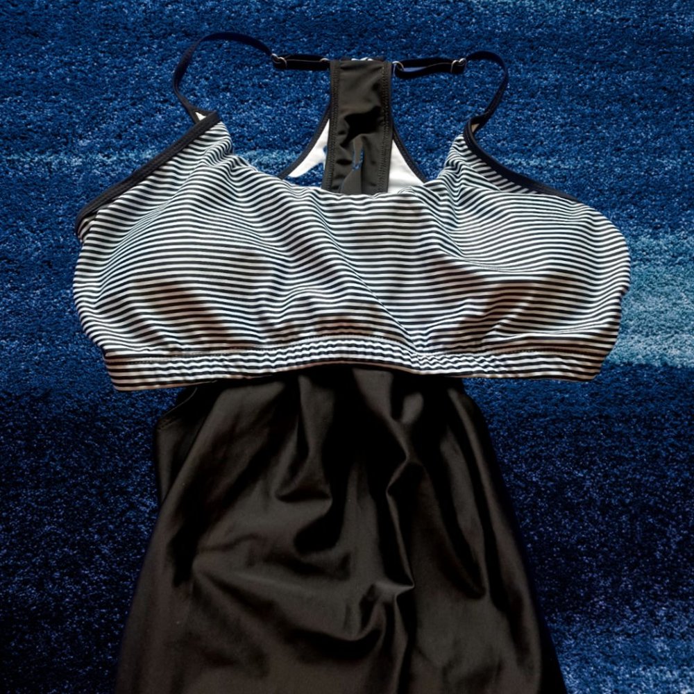 BLACK AND WHITE STRIPE RACERBACK SWIM TANK TOP